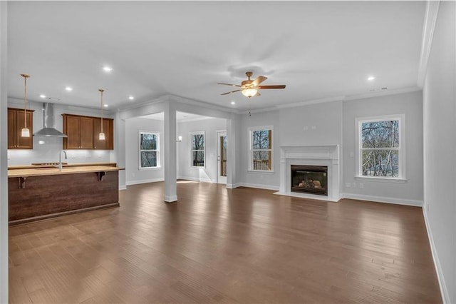 unfurnished living room featuring dark hardwood / wood-style flooring, plenty of natural light, ornamental molding, and ceiling fan