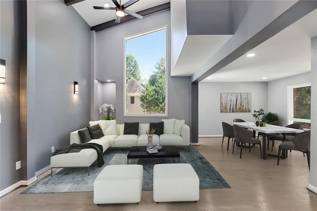 living area with wood finished floors, baseboards, and a wealth of natural light