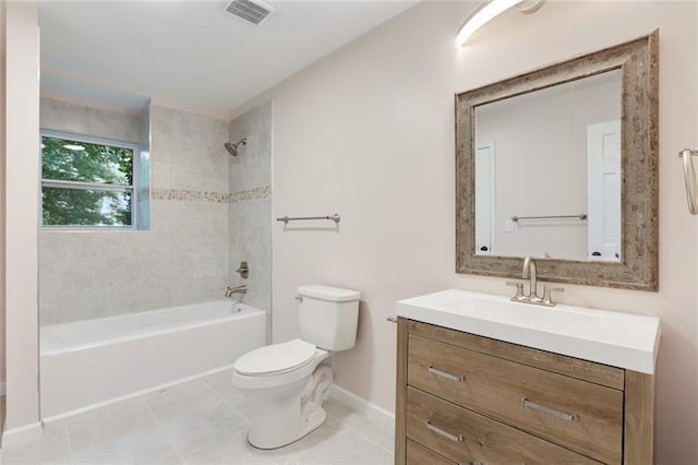 full bathroom featuring vanity, visible vents, bathtub / shower combination, tile patterned floors, and toilet