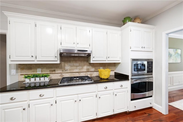 1558 Amberwood Creek Dr NW, Kennesaw, GA 30152 - kitchen featuring stainless steel appliances, under cabinet range hood, white cabinets, dark wood-type flooring, and decorative backsplash
