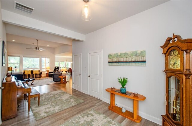 living room featuring ceiling fan, a stone fireplace, and light hardwood / wood-style floors