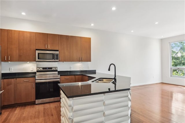 kitchen with light hardwood / wood-style flooring, kitchen peninsula, stainless steel appliances, and sink