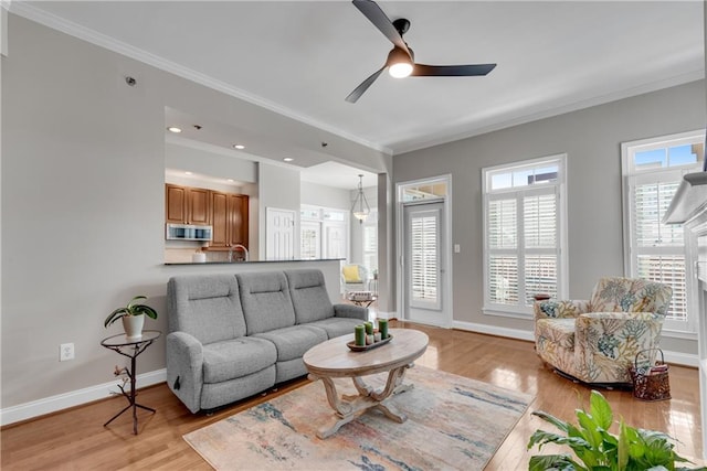 living room with ornamental molding, light hardwood / wood-style flooring, sink, and ceiling fan