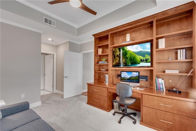 carpeted office with ceiling fan and ornamental molding