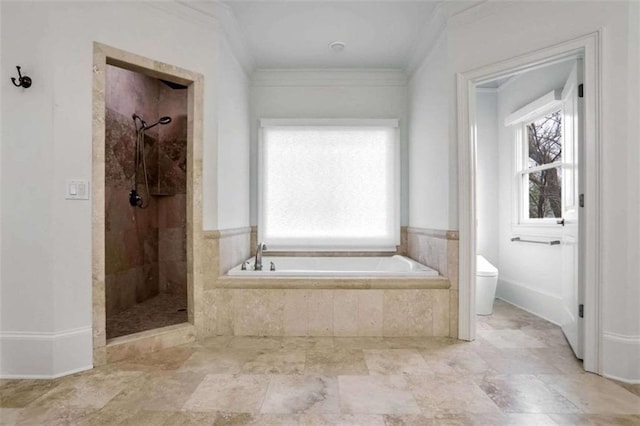 bathroom with shower with separate bathtub, crown molding, and toilet