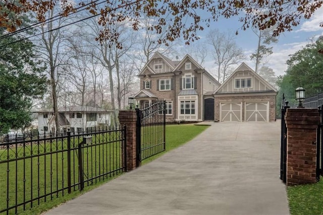 view of front of home with an outbuilding, a garage, and a front lawn