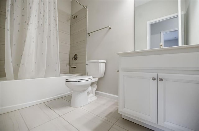 full bath with baseboards, shower / tub combo, toilet, tile patterned floors, and vanity