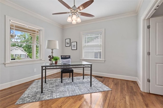 office area featuring ceiling fan, dark hardwood / wood-style flooring, and ornamental molding