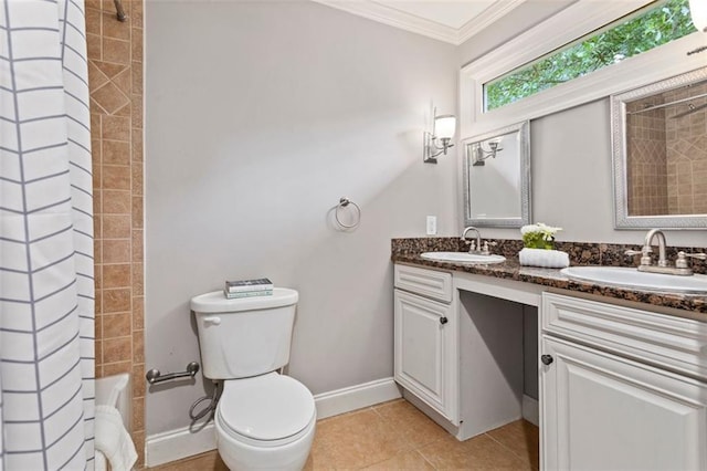 full bathroom with tile flooring, shower / tub combo, toilet, dual bowl vanity, and ornamental molding