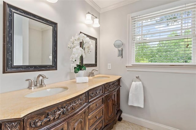 bathroom featuring crown molding, dual vanity, and tile floors