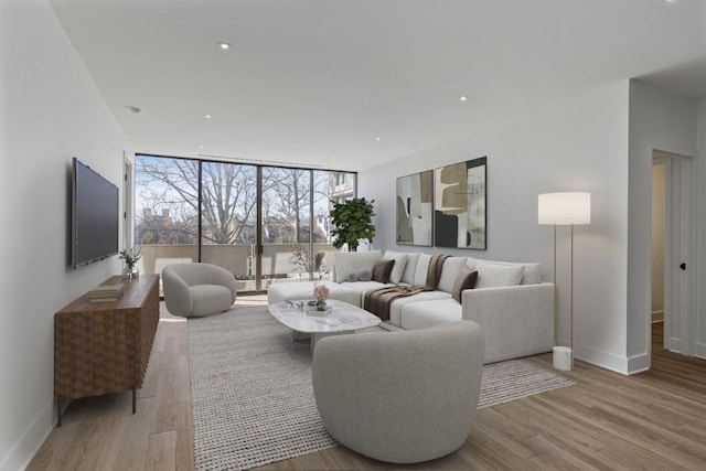 living area featuring light wood-style floors, expansive windows, and baseboards