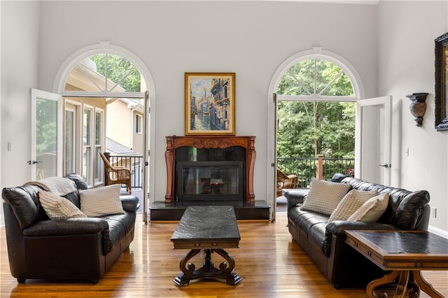 living room with a high ceiling and light hardwood / wood-style flooring