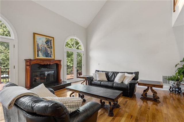 living room featuring a healthy amount of sunlight, high vaulted ceiling, and light hardwood / wood-style floors