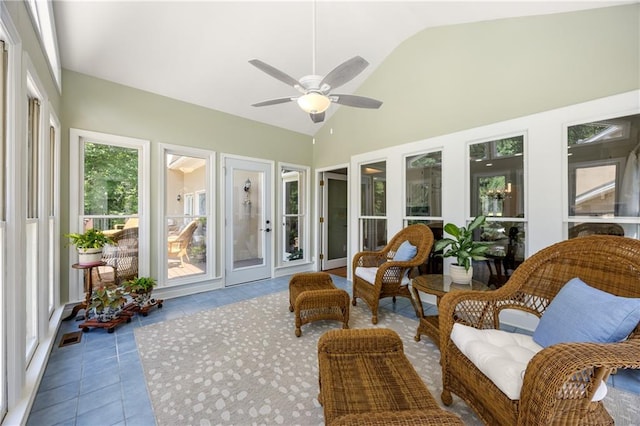 sunroom / solarium with vaulted ceiling and ceiling fan