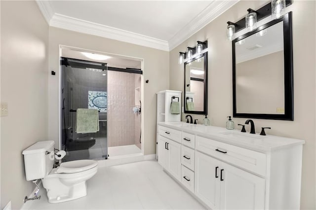 bathroom featuring toilet, an enclosed shower, crown molding, tile patterned floors, and vanity