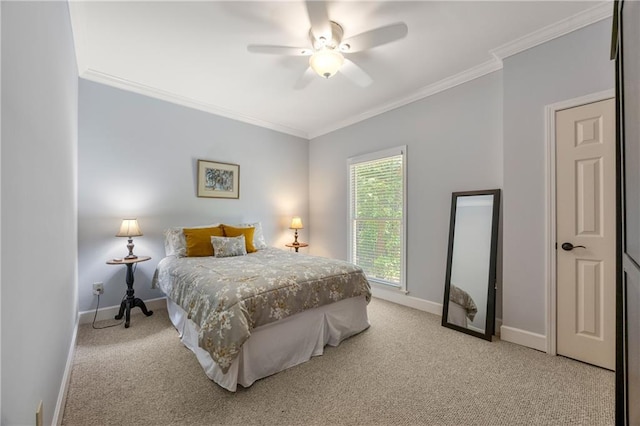 bedroom featuring ceiling fan, ornamental molding, and light carpet