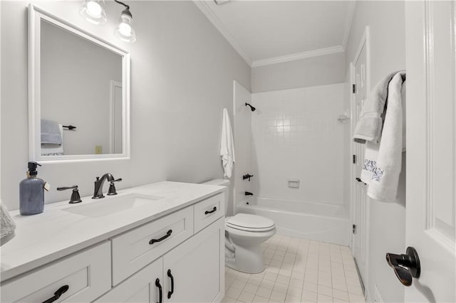 full bathroom featuring tile patterned floors, ornamental molding, toilet, vanity, and tiled shower / bath combo