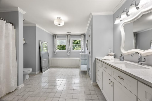 bathroom with toilet, tile patterned floors, a shower with shower curtain, ornamental molding, and vanity