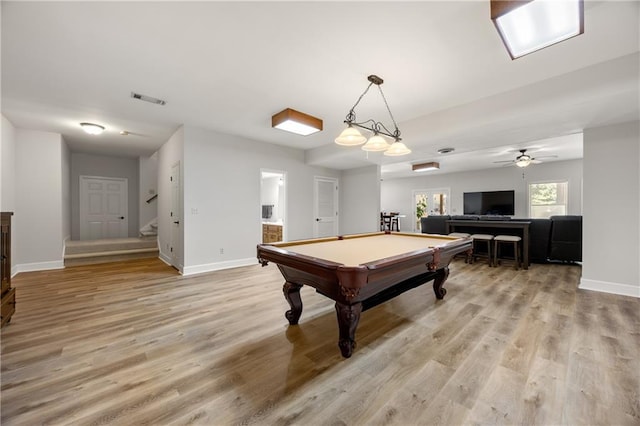 recreation room featuring ceiling fan, light wood-type flooring, and billiards