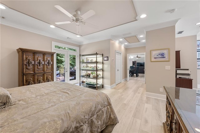 bedroom featuring ceiling fan, french doors, light hardwood / wood-style floors, access to exterior, and crown molding