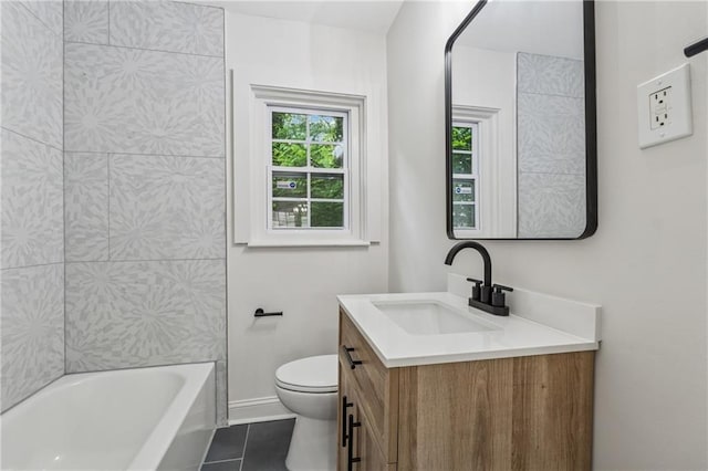 full bathroom featuring tile patterned floors, baseboards, toilet, and vanity