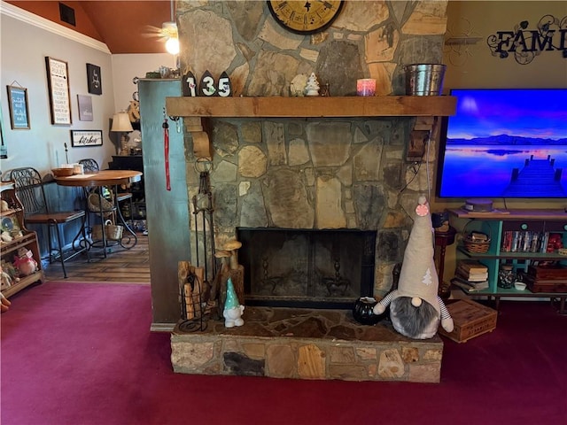 135 Woodcrest Dr, Covington, GA 30016 - detailed view of carpet floors, a fireplace, and a ceiling fan