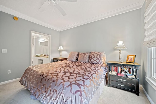 carpeted bedroom with connected bathroom, ceiling fan, and crown molding