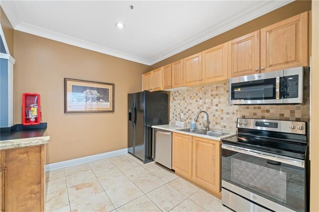 kitchen featuring sink, light brown cabinets, stainless steel appliances, tasteful backsplash, and crown molding