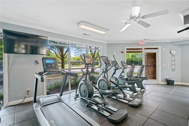 workout area with crown molding, plenty of natural light, and ceiling fan