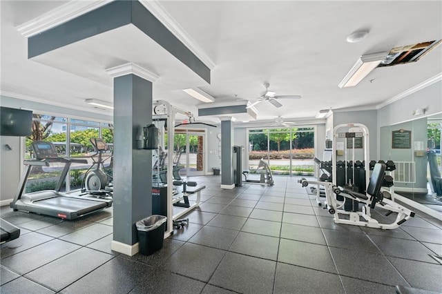 exercise room featuring ceiling fan and ornamental molding