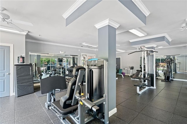 gym with ceiling fan and crown molding