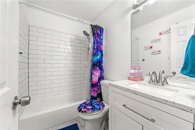 full bathroom with shower / bathtub combination with curtain, visible vents, toilet, vanity, and a textured ceiling