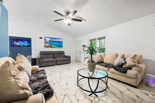 living room featuring lofted ceiling, marble finish floor, and ceiling fan