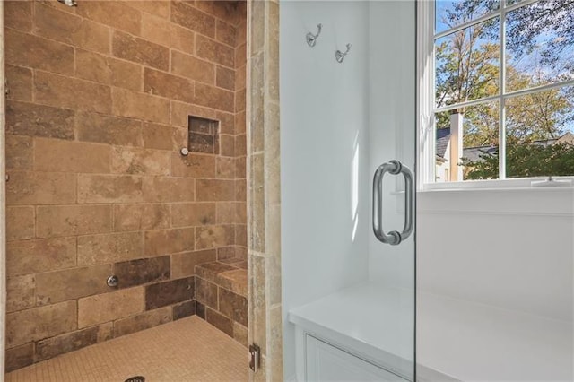 bathroom with a shower with shower door