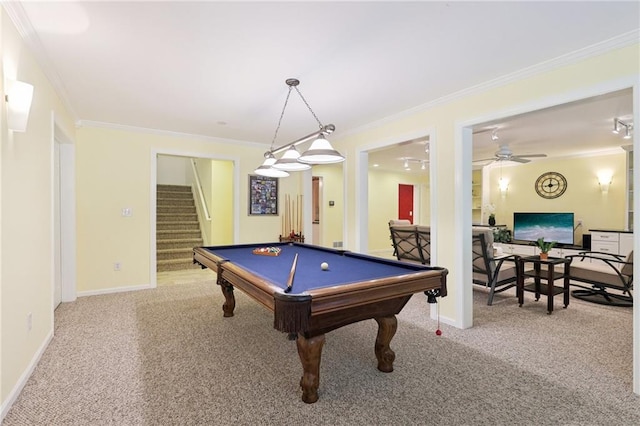 recreation room with ornamental molding, pool table, carpet floors, and ceiling fan