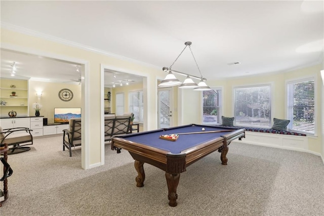 recreation room with ornamental molding, light colored carpet, billiards, and ceiling fan