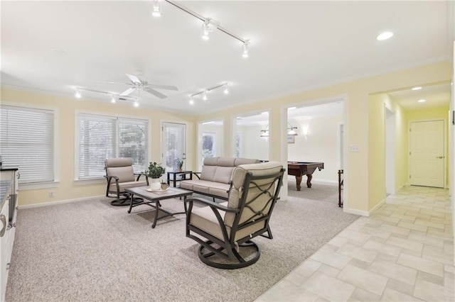 carpeted living room featuring pool table and ceiling fan