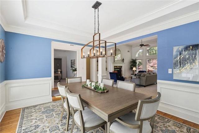 dining room featuring ornamental molding, light hardwood / wood-style flooring, and ceiling fan with notable chandelier