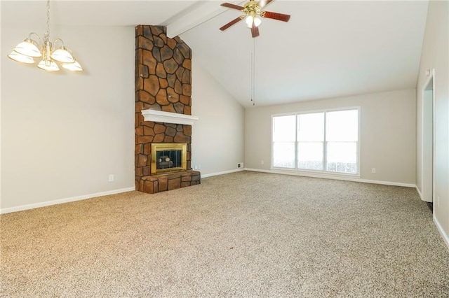 unfurnished living room with beam ceiling, high vaulted ceiling, carpet floors, a fireplace, and baseboards