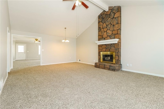 unfurnished living room with beam ceiling, carpet, a fireplace, and ceiling fan with notable chandelier