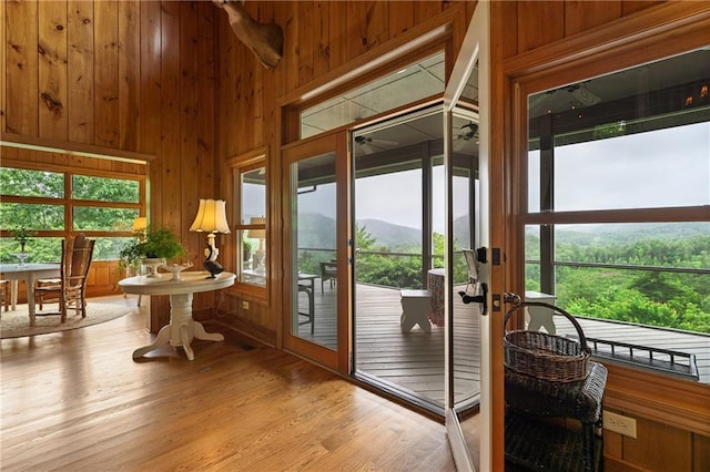 295 Goble Gap Ln, Clayton, GA 30525 - doorway to outside featuring light wood-style flooring, wood walls, and a mountain view