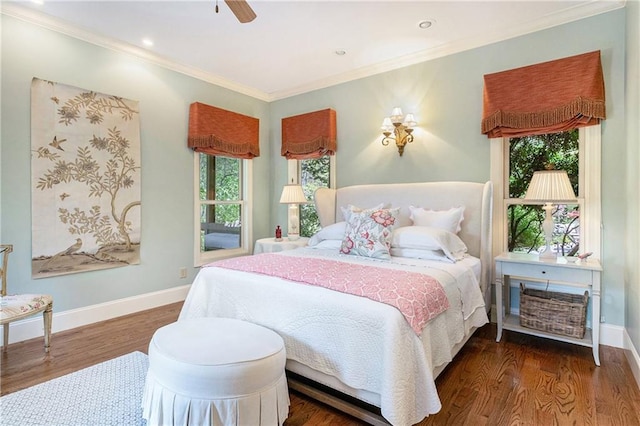 bedroom with multiple windows, crown molding, wood finished floors, baseboards, and recessed lighting