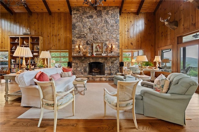295 Goble Gap Ln, Clayton, GA 30525 - living area featuring wood ceiling, plenty of natural light, wood walls, a fireplace, and wood finished floors