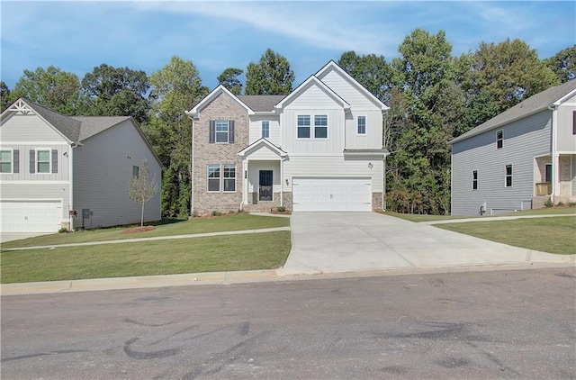 20 Fayme Ct, Newnan, GA 30263 - craftsman-style house featuring an attached garage, driveway, a front lawn, board and batten siding, and stone siding