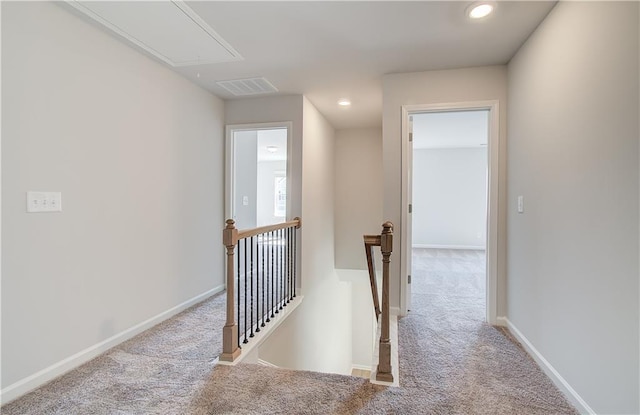 20 Fayme Ct, Newnan, GA 30263 - hall with an upstairs landing, attic access, carpet, recessed lighting, and baseboards