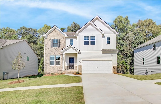 20 Fayme Ct, Newnan, GA 30263 - craftsman-style house with brick siding, a garage, a front yard, board and batten siding, and driveway