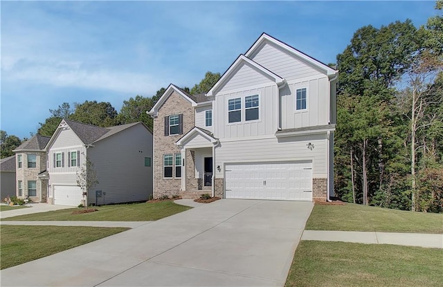 20 Fayme Ct, Newnan, GA 30263 - craftsman house featuring board and batten siding, an attached garage, brick siding, concrete driveway, and a front lawn