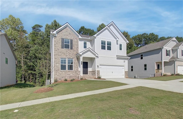 20 Fayme Ct, Newnan, GA 30263 - view of front of property featuring driveway, a garage, brick siding, a front lawn, and board and batten siding