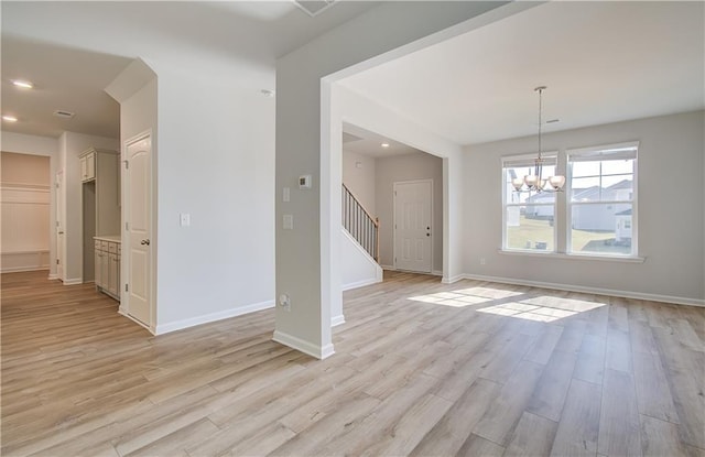 20 Fayme Ct, Newnan, GA 30263 - unfurnished dining area with stairs, light wood-type flooring, a chandelier, baseboards, and recessed lighting