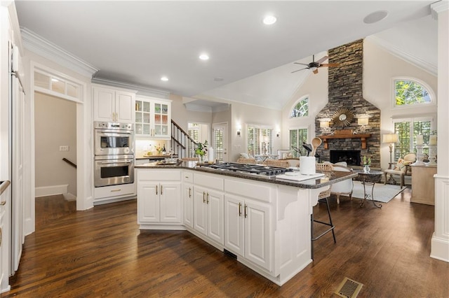 4789 Crest Park Ln, Marietta, GA 30068 - kitchen with appliances with stainless steel finishes, ceiling fan, a stone fireplace, a breakfast bar, and high vaulted ceiling